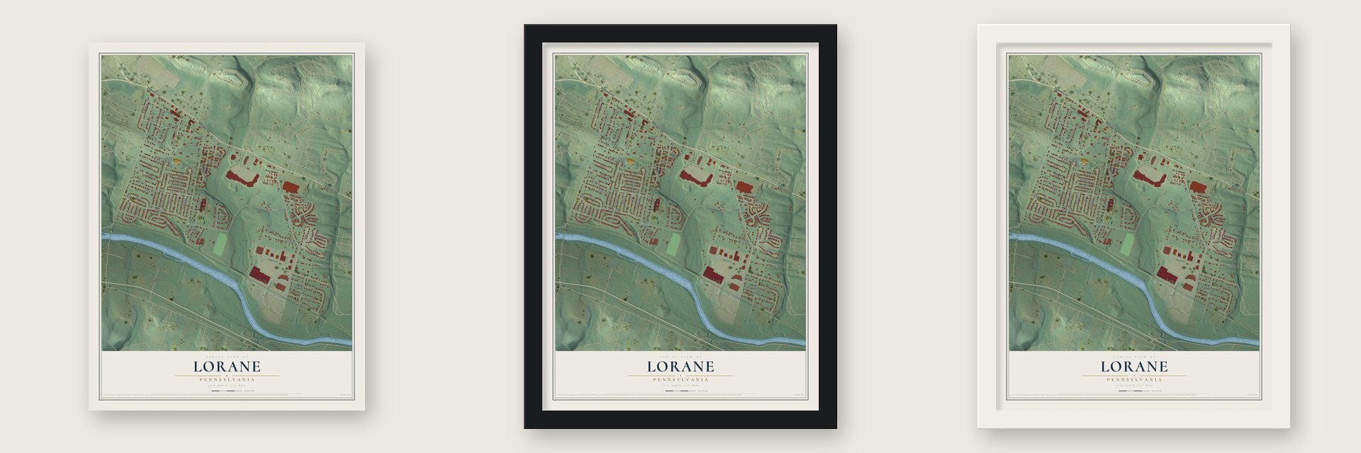 Lorane, Pennsylvania map unframed, in a black wood frame and in a white wood frame