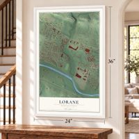 Lorane, Pennsylvania map, 24 x 36 inch print in a white frame by a staircase