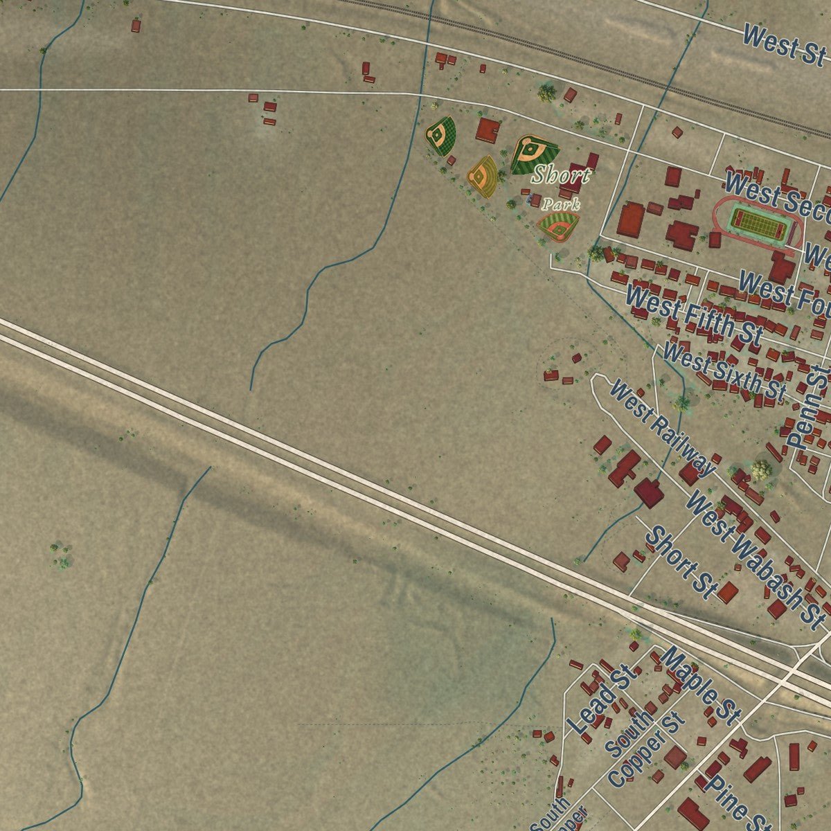 Second close-up of the map of Lordsburg, New Mexico print showing more streets and buildings