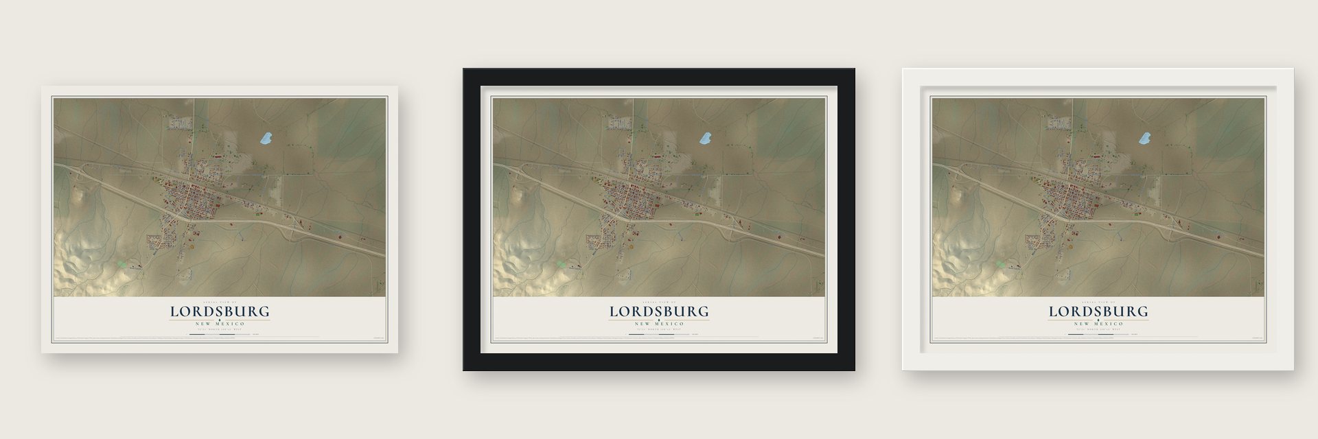 Lordsburg, New Mexico map unframed, in a black wood frame and in a white wood frame