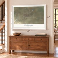 Lordsburg, New Mexico map, 24 x 36 inch print in a white frame above a dresser by a staircase