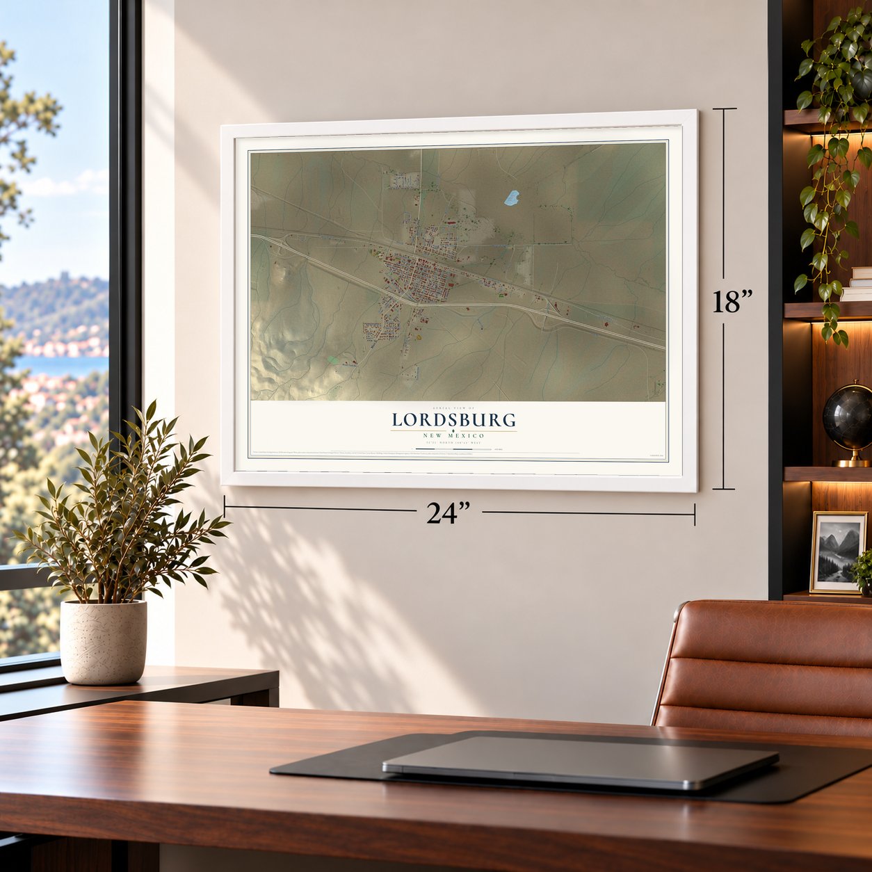 Lordsburg, New Mexico map, 18 x 24 inch print in a white frame in a home office