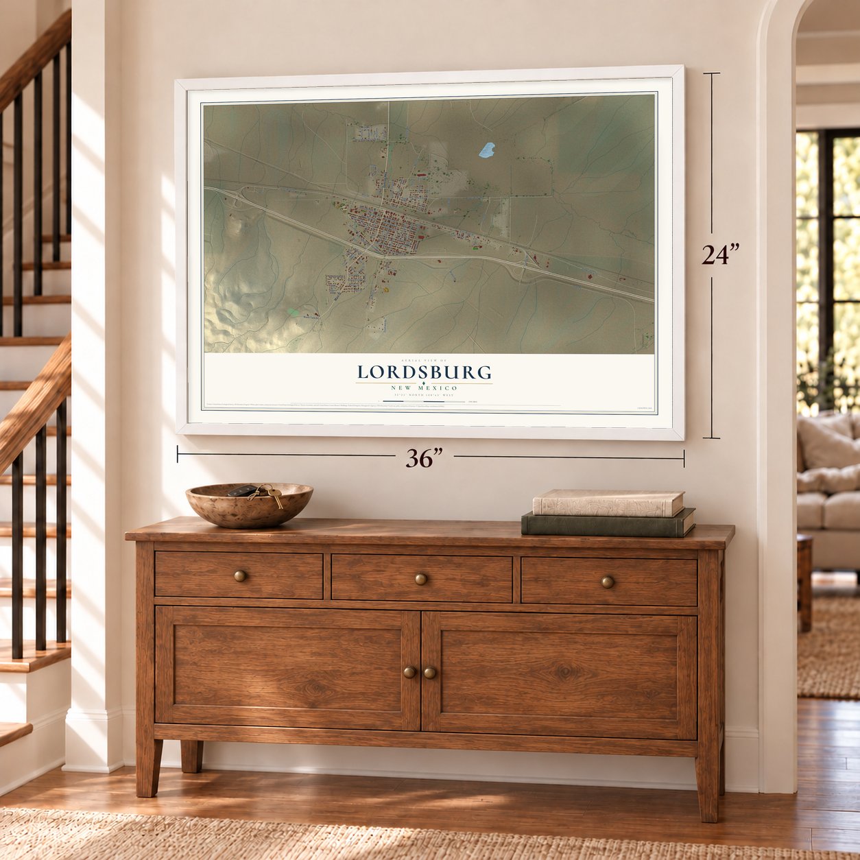 Lordsburg, New Mexico map, 24 x 36 inch print in a white frame above a dresser by a staircase