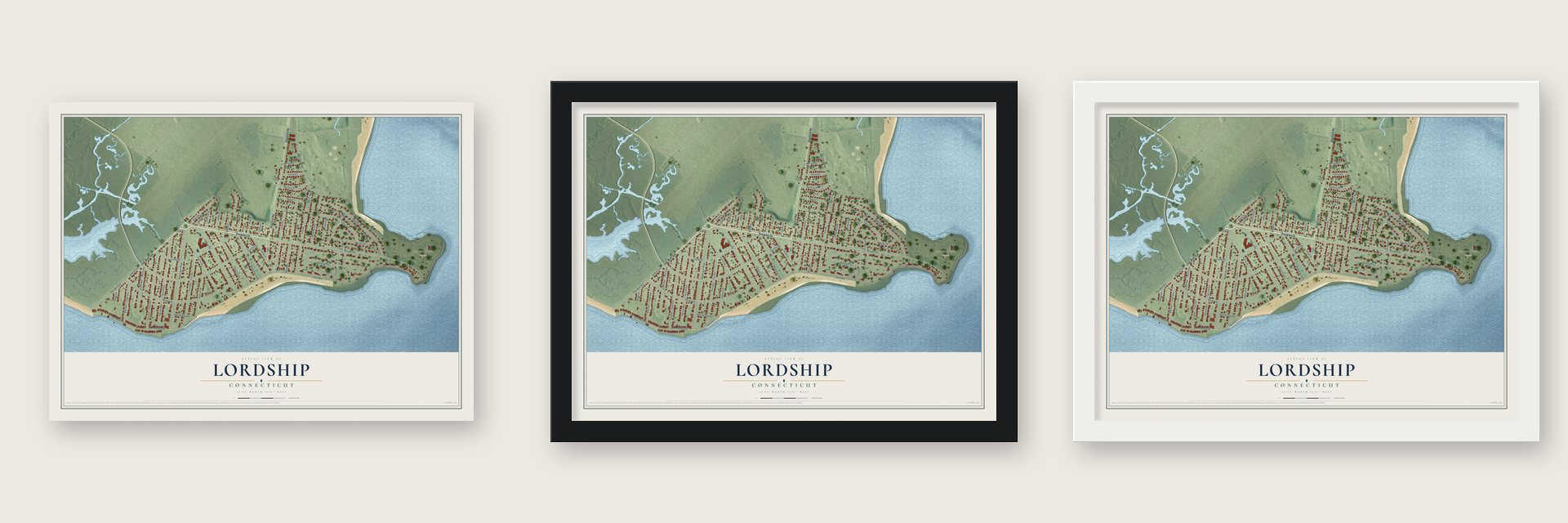 Lordship, Connecticut map unframed, in a black wood frame and in a white wood frame