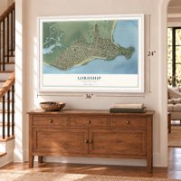 Lordship, Connecticut map, 24 x 36 inch print in a white frame above a dresser by a staircase
