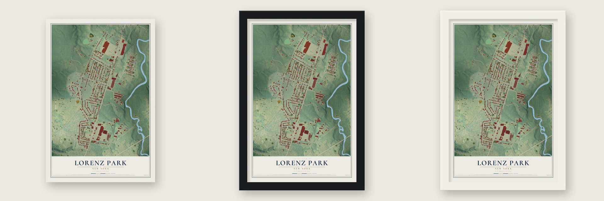 Lorenz Park, New York map unframed, in a black wood frame and in a white wood frame