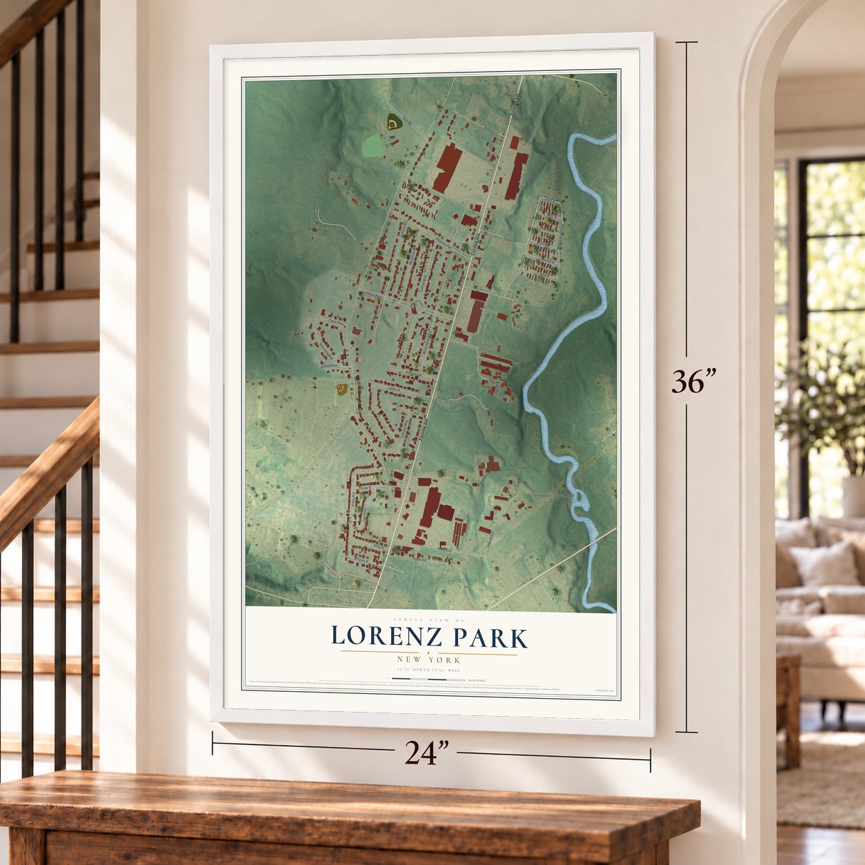 Lorenz Park, New York map, 24 x 36 inch print in a white frame by a staircase
