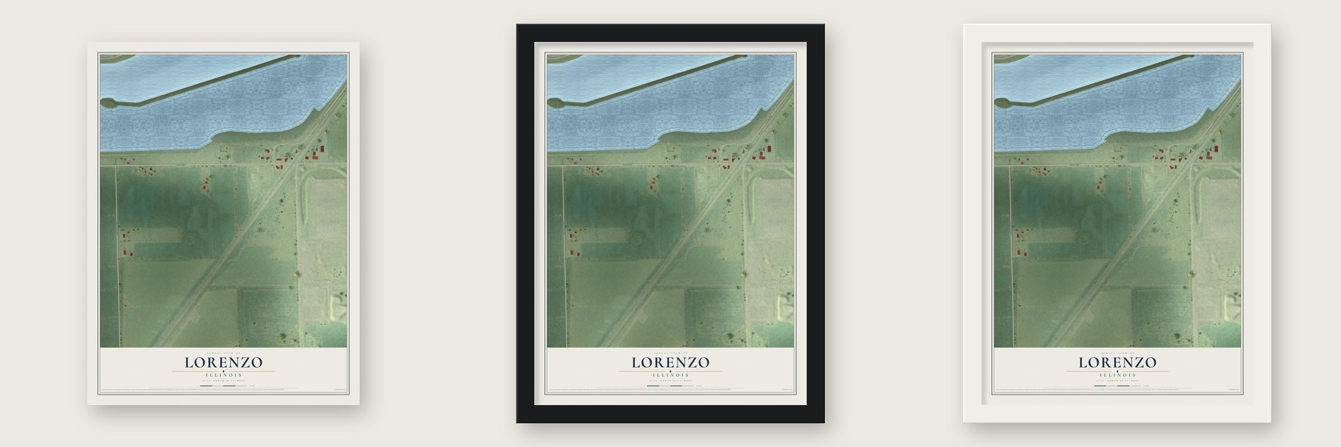 Lorenzo, Illinois map unframed, in a black wood frame and in a white wood frame