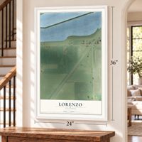 Lorenzo, Illinois map, 24 x 36 inch print in a white frame by a staircase