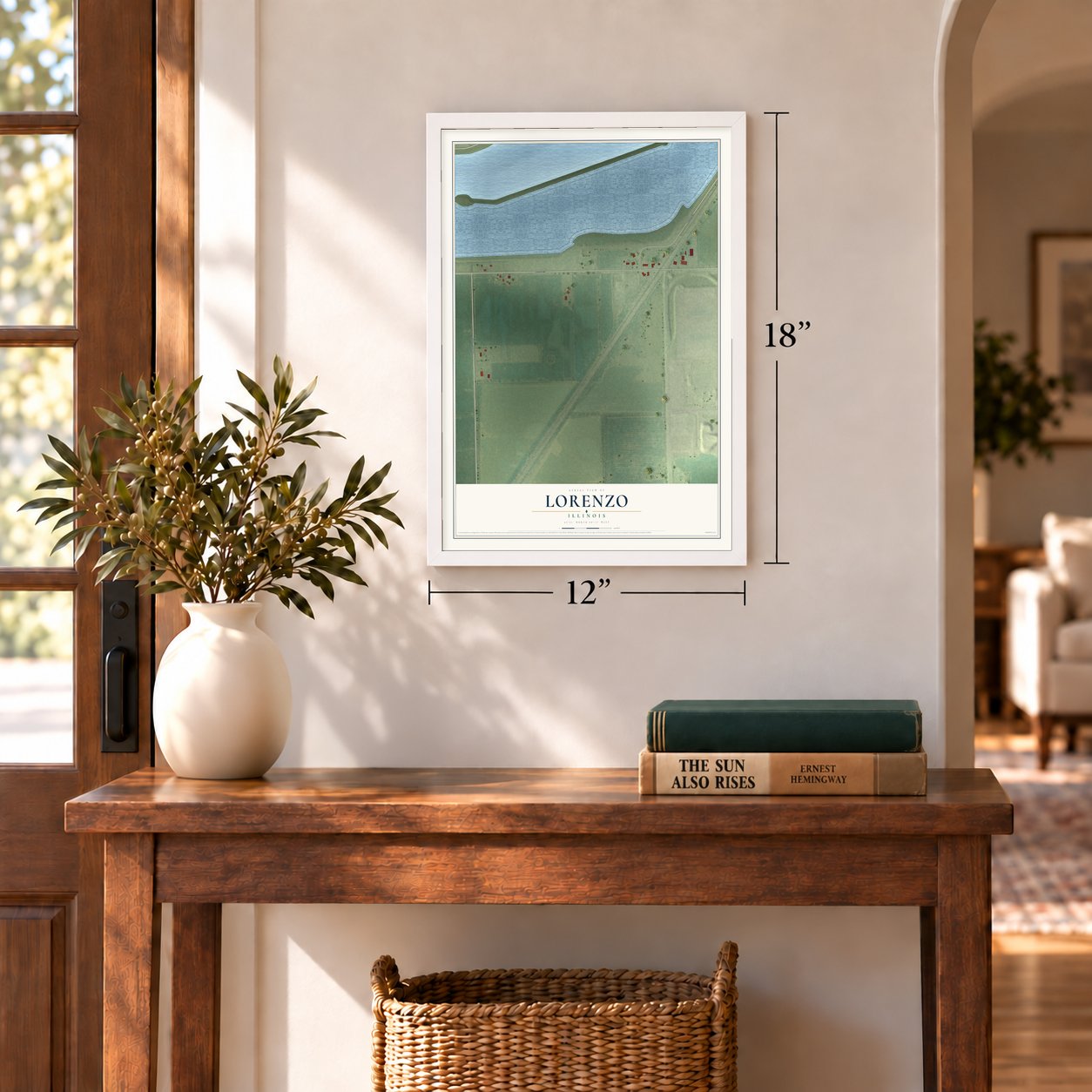 Lorenzo, Illinois map, 12 x 18 inch print in a white frame in an entryway