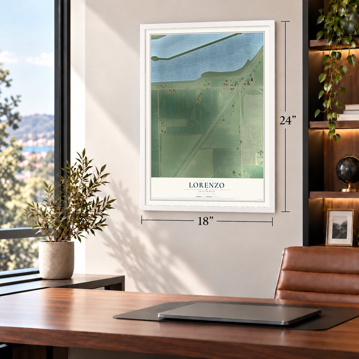 Lorenzo, Illinois map, 18 x 24 inch print in a white frame in a home office
