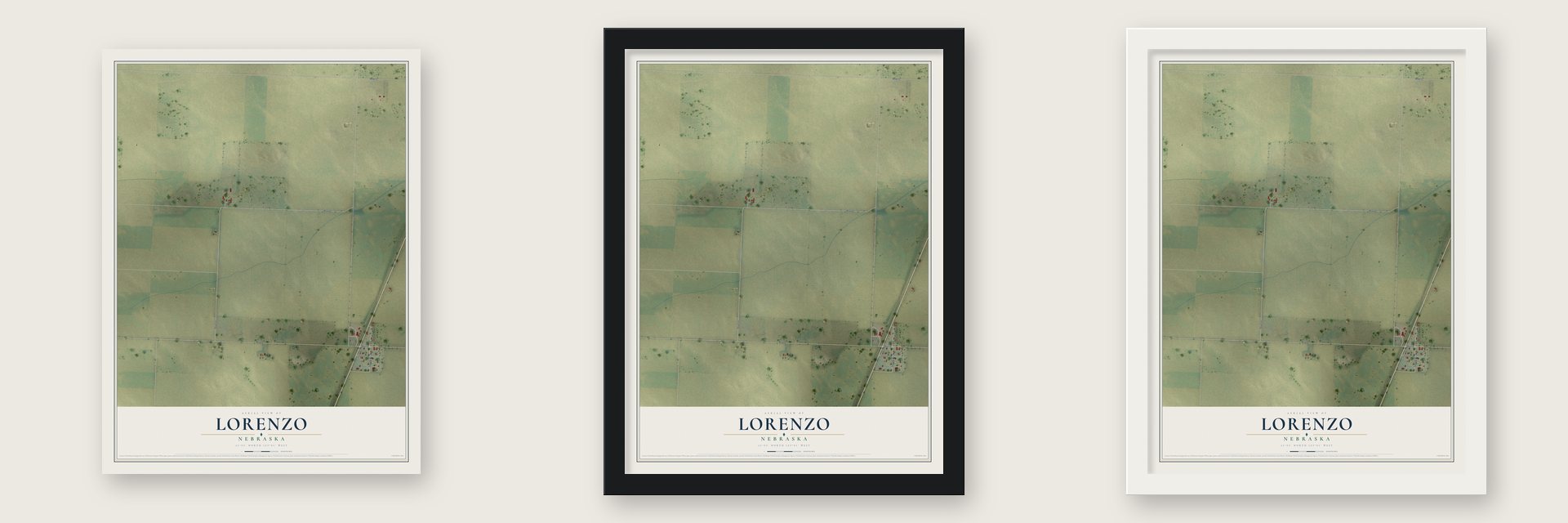 Lorenzo, Nebraska map unframed, in a black wood frame and in a white wood frame