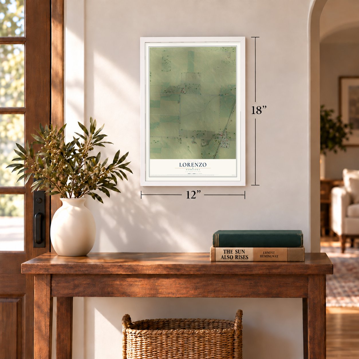 Lorenzo, Nebraska map, 12 x 18 inch print in a white frame in an entryway