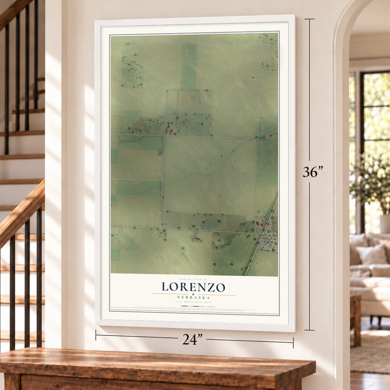 Lorenzo, Nebraska map, 24 x 36 inch print in a white frame by a staircase
