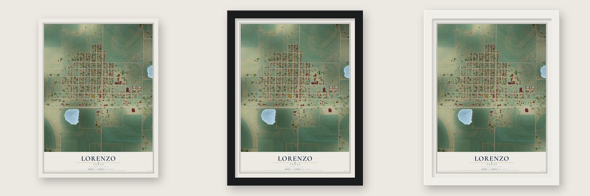Lorenzo, Texas map unframed, in a black wood frame and in a white wood frame
