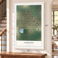 Lorenzo, Texas map, 24 x 36 inch print in a white frame by a staircase