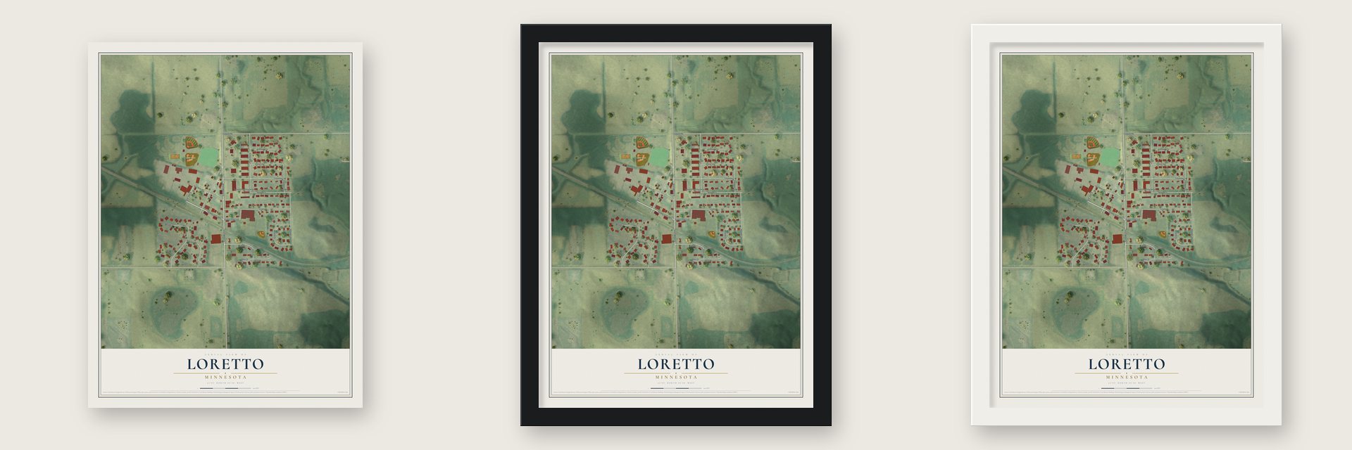 Loretto, Minnesota map unframed, in a black wood frame and in a white wood frame