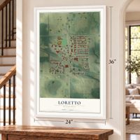 Loretto, Minnesota map, 24 x 36 inch print in a white frame by a staircase