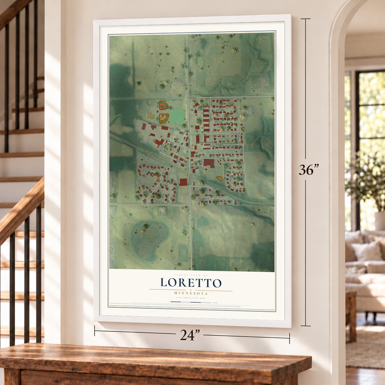 Loretto, Minnesota map, 24 x 36 inch print in a white frame by a staircase