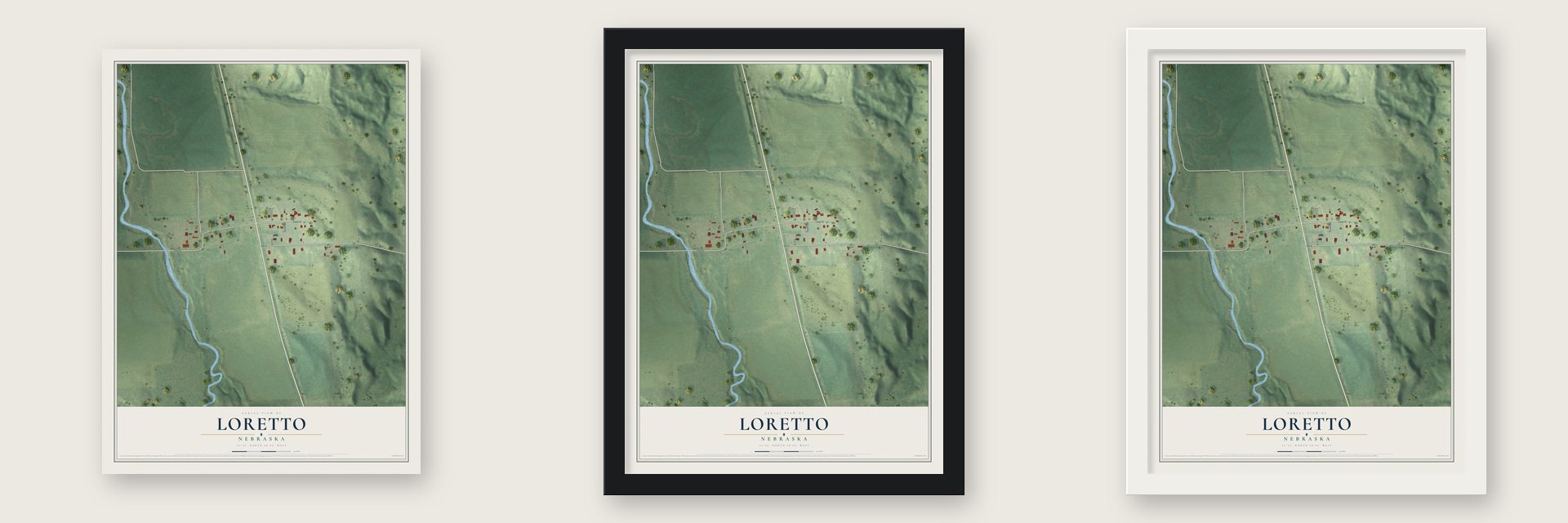 Loretto, Nebraska map unframed, in a black wood frame and in a white wood frame