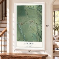 Loretto, Nebraska map, 24 x 36 inch print in a white frame by a staircase