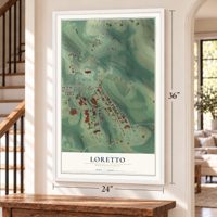 Loretto, Pennsylvania map, 24 x 36 inch print in a white frame by a staircase