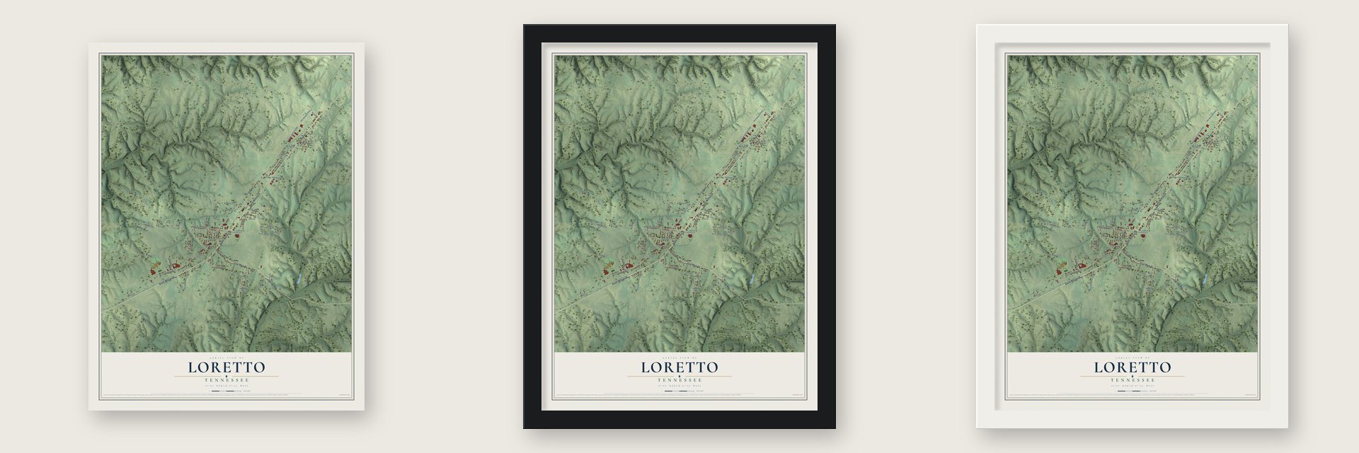 Loretto, Tennessee map unframed, in a black wood frame and in a white wood frame