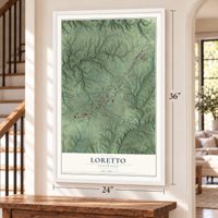 Loretto, Tennessee map, 24 x 36 inch print in a white frame by a staircase
