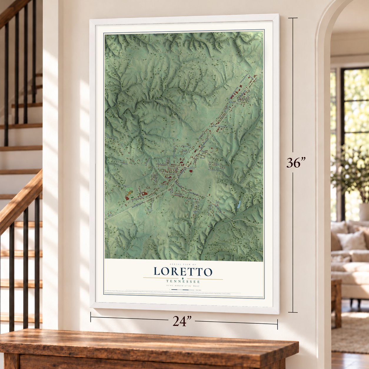 Loretto, Tennessee map, 24 x 36 inch print in a white frame by a staircase