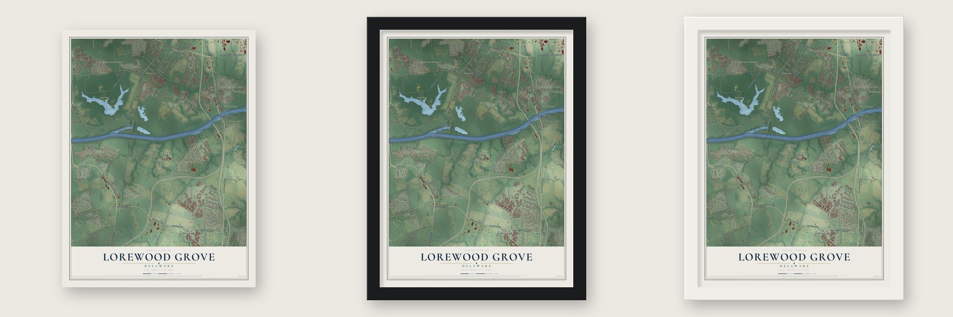 Lorewood Grove, Delaware map unframed, in a black wood frame and in a white wood frame
