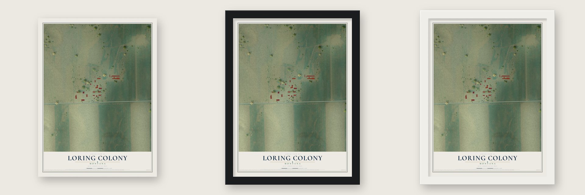 Loring Colony, Montana map unframed, in a black wood frame and in a white wood frame