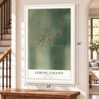Loring Colony, Montana map, 24 x 36 inch print in a white frame by a staircase