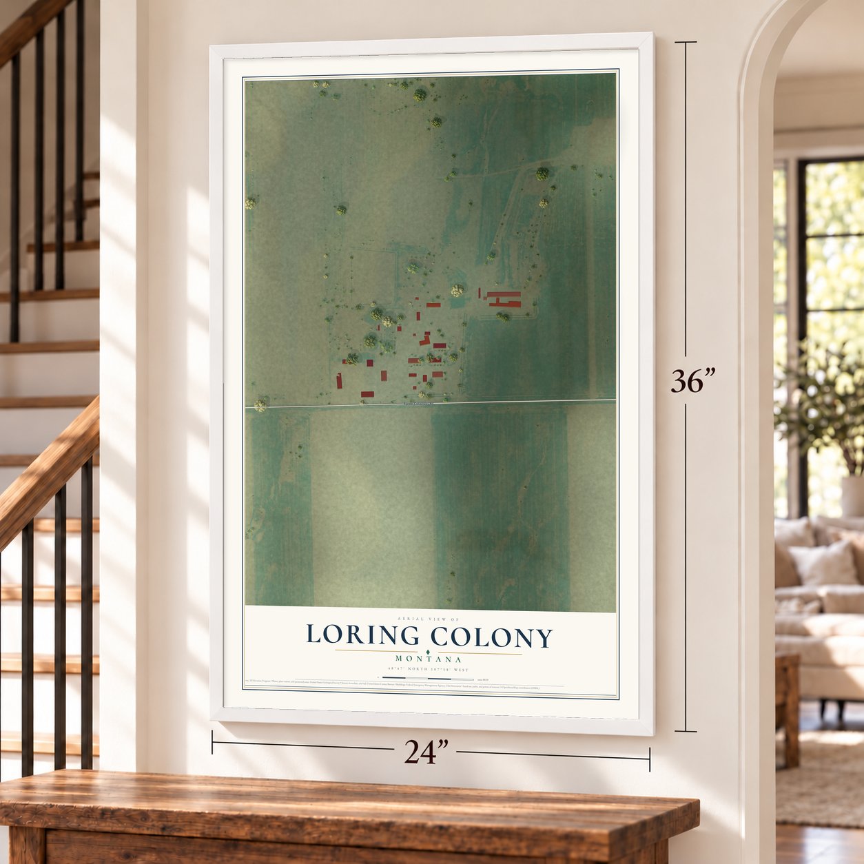 Loring Colony, Montana map, 24 x 36 inch print in a white frame by a staircase