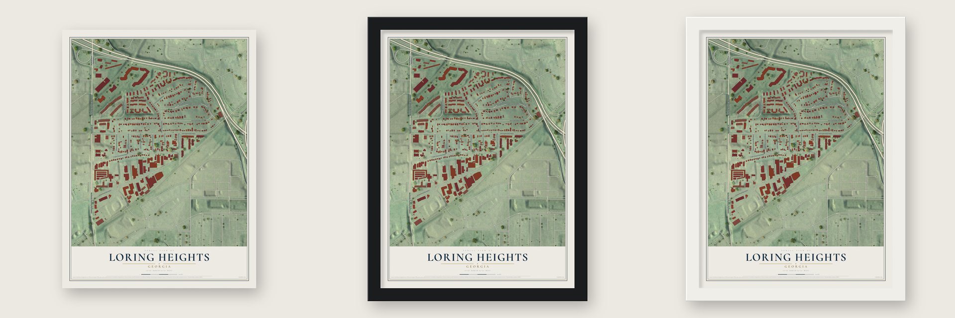 Loring Heights, Georgia map unframed, in a black wood frame and in a white wood frame