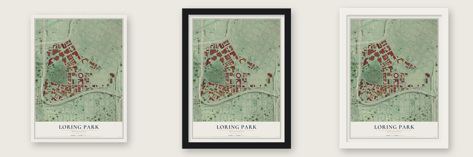 Loring Park, Minnesota map unframed, in a black wood frame and in a white wood frame