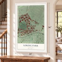 Loring Park, Minnesota map, 24 x 36 inch print in a white frame by a staircase