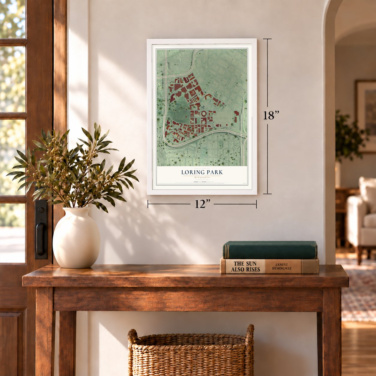 Loring Park, Minnesota map, 12 x 18 inch print in a white frame in an entryway