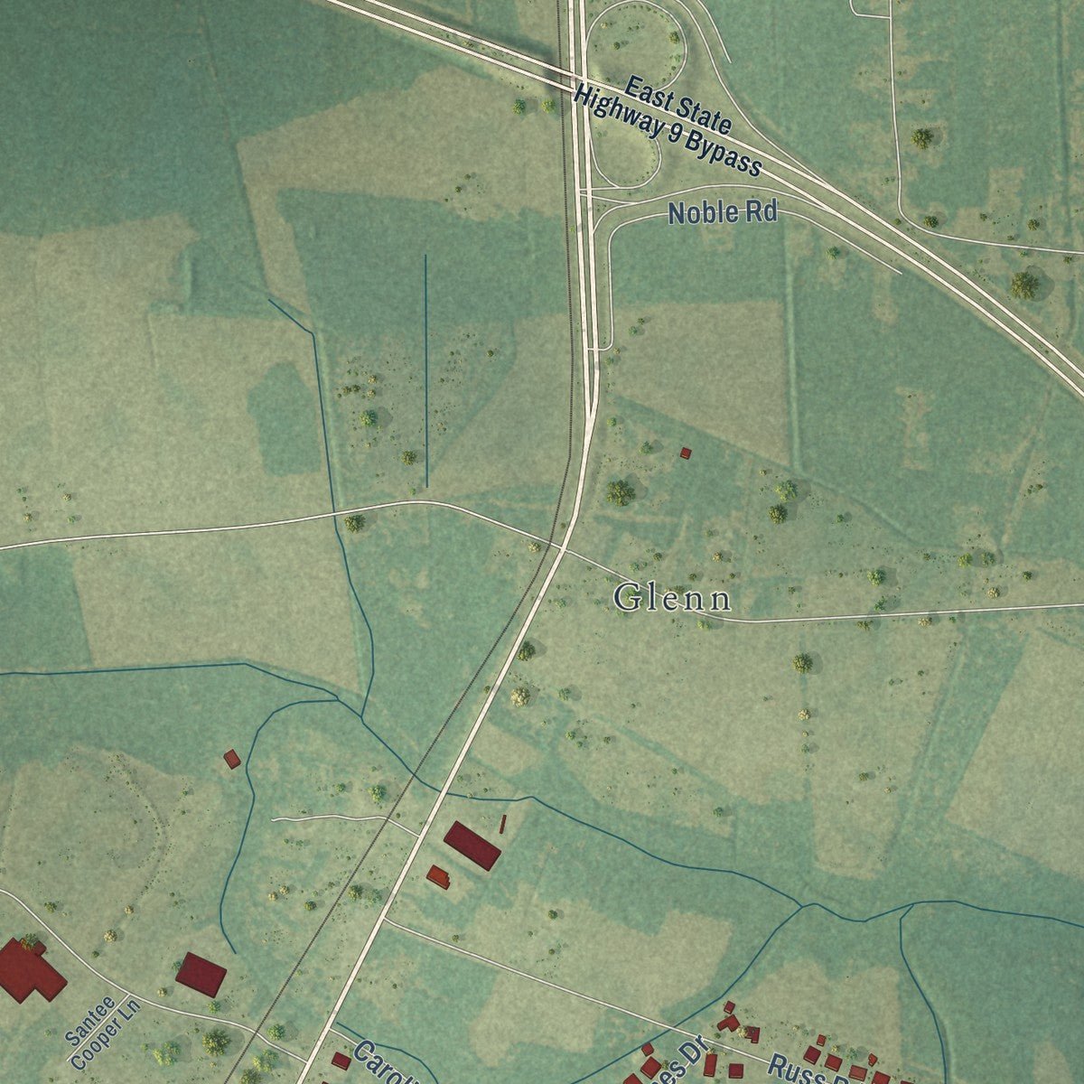 Second close-up of the map of Loris, South Carolina print showing more streets and buildings