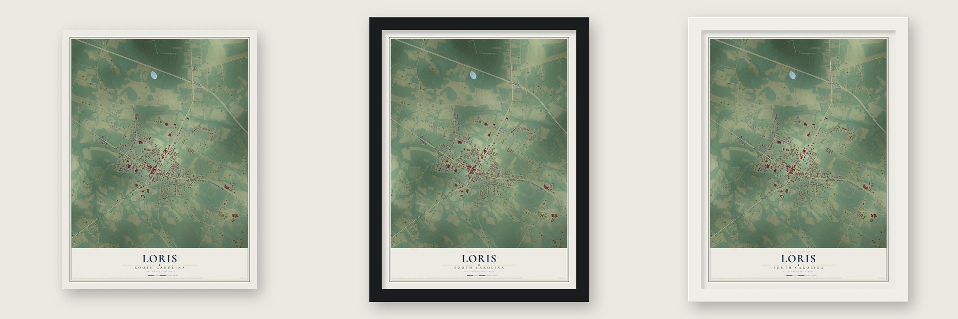 Loris, South Carolina map unframed, in a black wood frame and in a white wood frame