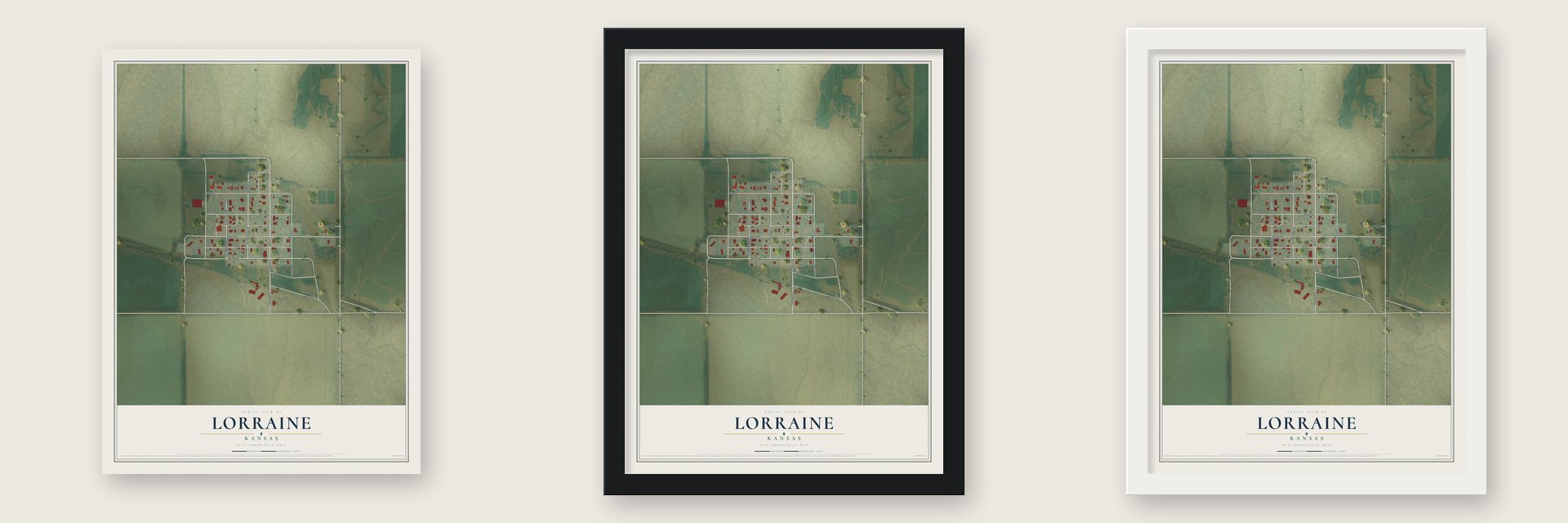 Lorraine, Kansas map unframed, in a black wood frame and in a white wood frame