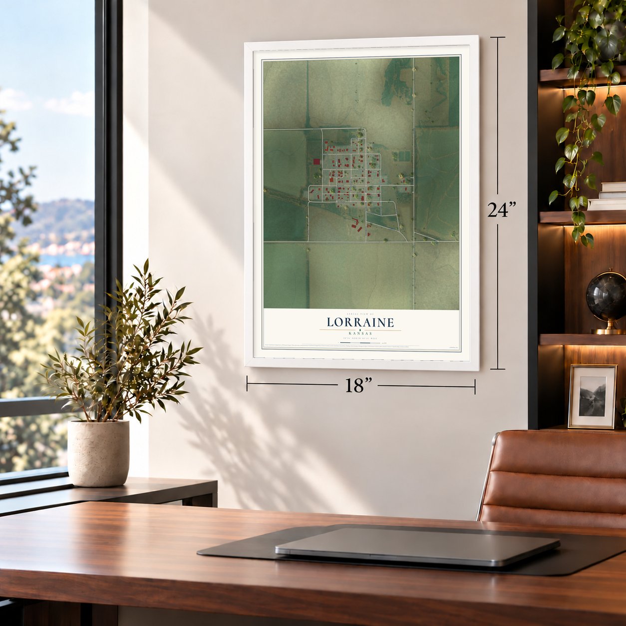 Lorraine, Kansas map, 18 x 24 inch print in a white frame in a home office