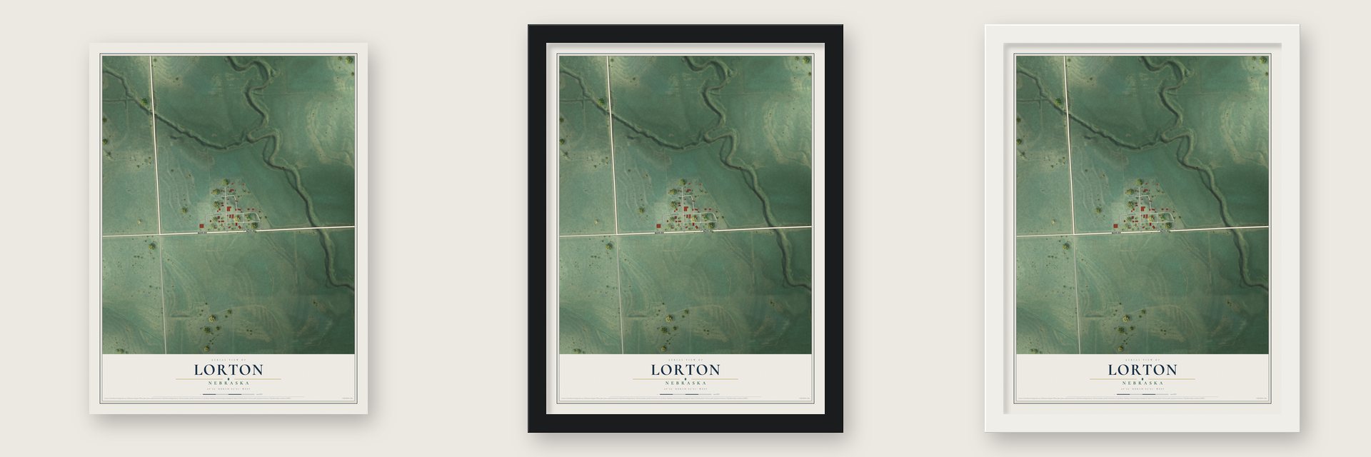 Lorton, Nebraska map unframed, in a black wood frame and in a white wood frame