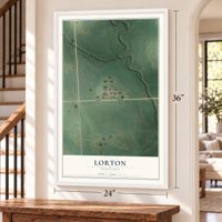 Lorton, Nebraska map, 24 x 36 inch print in a white frame by a staircase