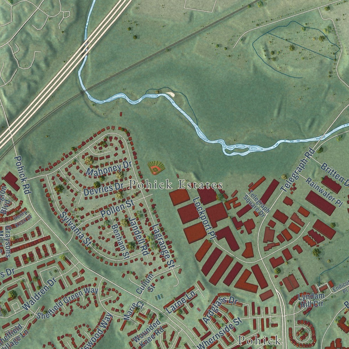 Second close-up of the map of Lorton, Virginia print showing more streets and buildings