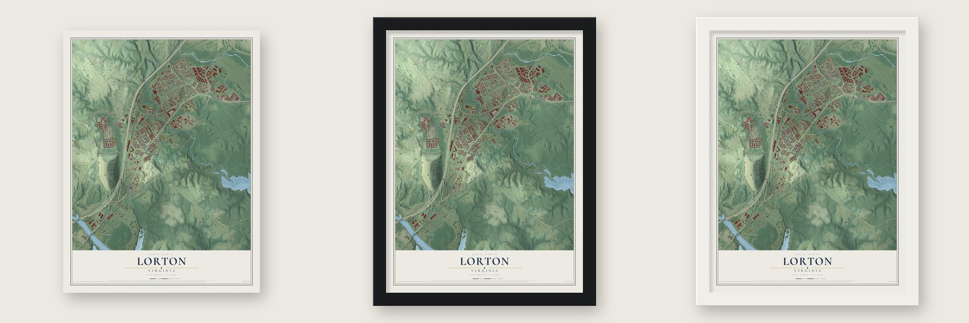 Lorton, Virginia map unframed, in a black wood frame and in a white wood frame