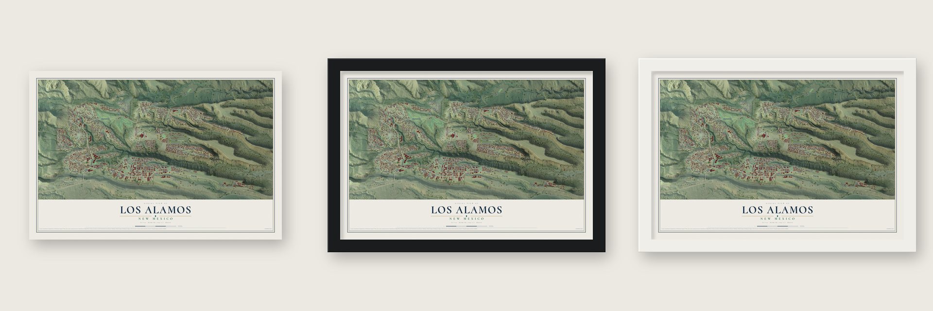 Los Alamos, New Mexico map unframed, in a black wood frame and in a white wood frame