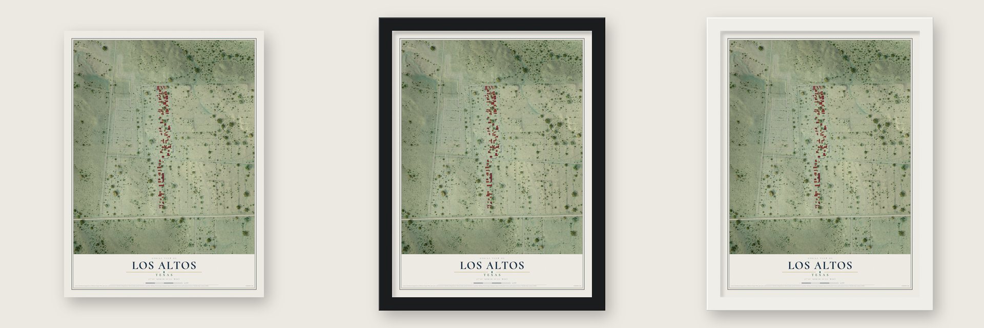 Los Altos, Texas map unframed, in a black wood frame and in a white wood frame