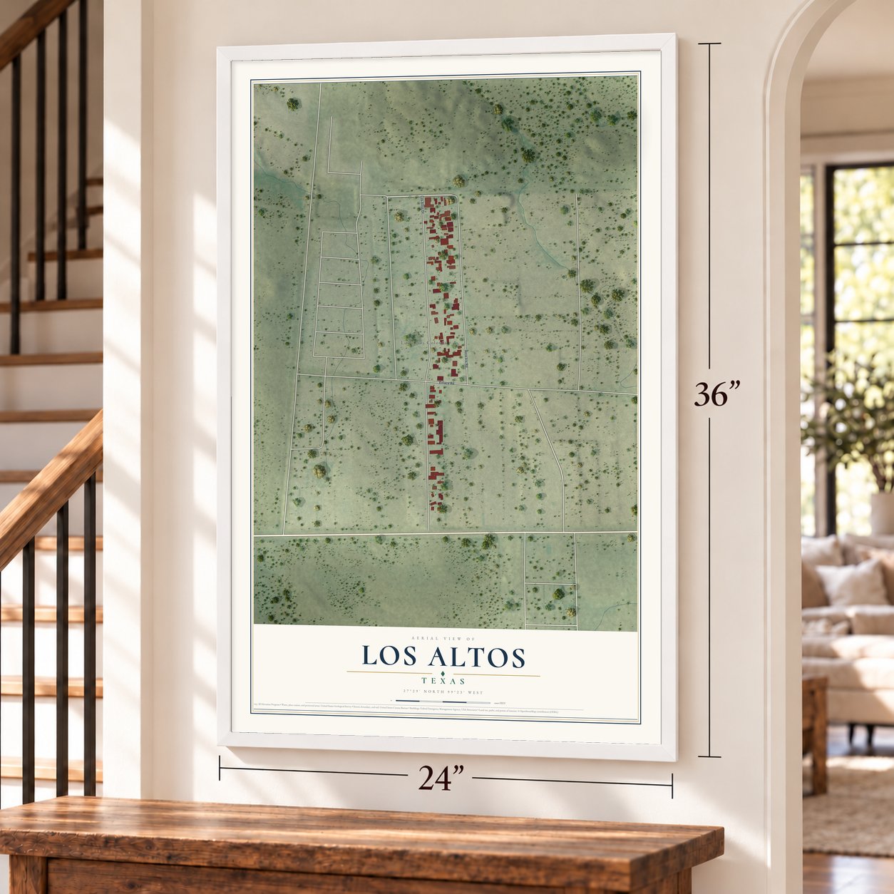 Los Altos, Texas map, 24 x 36 inch print in a white frame by a staircase