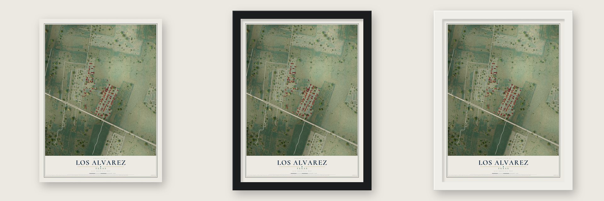 Los Alvarez, Texas map unframed, in a black wood frame and in a white wood frame