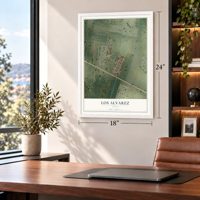 Los Alvarez, Texas map, 18 x 24 inch print in a white frame in a home office